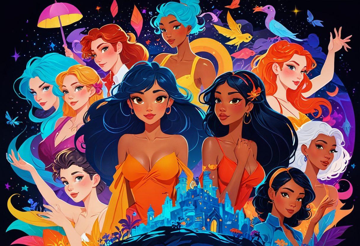 A vibrant collage of diverse adult animated scenes featuring fantastical characters in erotic poses, tastefully illustrated in dynamic action. Emphasize engaging facial expressions and colorful environments that evoke excitement and curiosity. Use a mix of fantasy elements like glowing lights and fluid motion to create a dreamlike atmosphere. The style should be modern digital art with a touch of whimsy and allure. bold colors. dynamic composition.