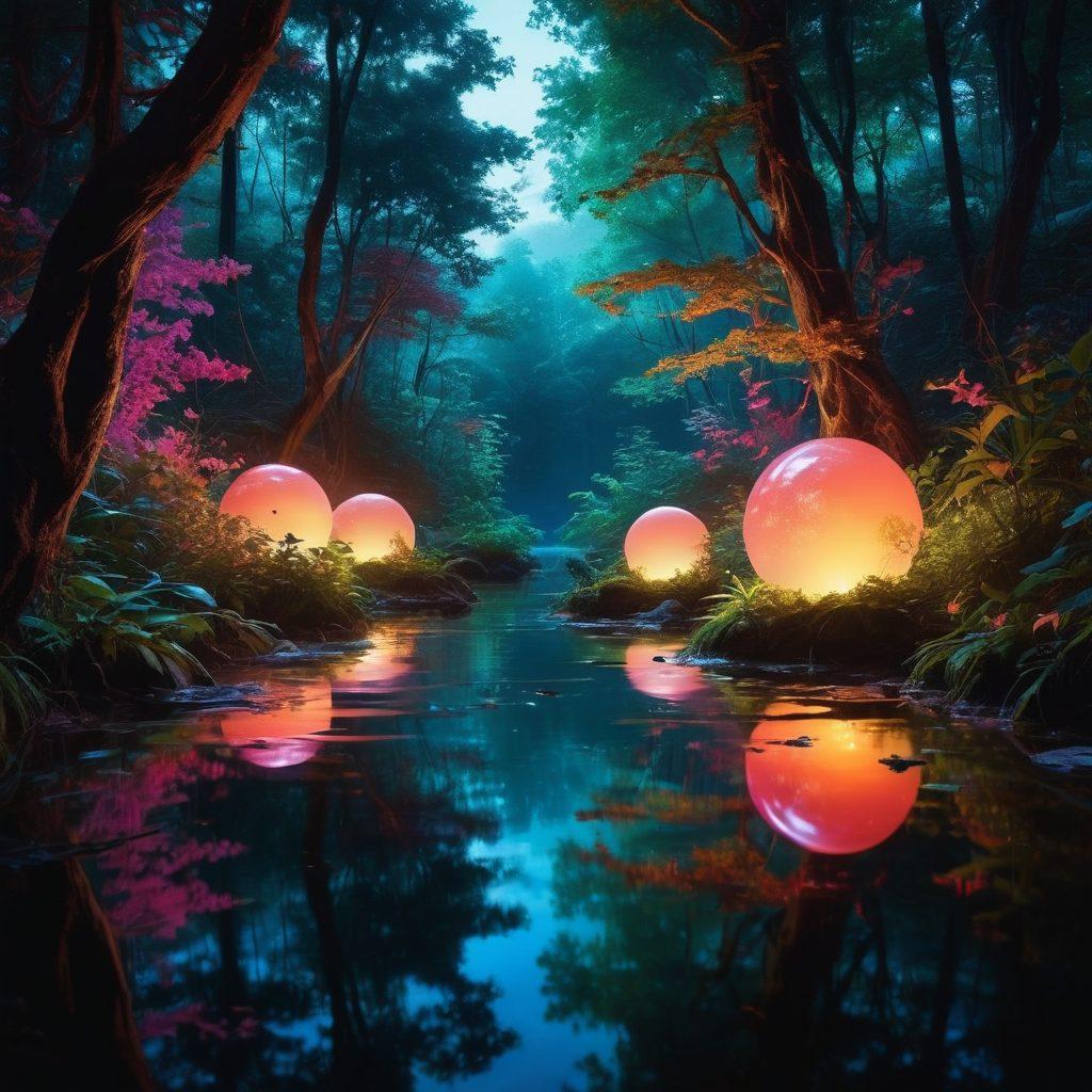 A captivating and lush landscape depicting a hidden, mystical forest illuminated by neon lights, featuring silhouettes of adventurers discovering fantastical creatures. Integrate elements of sensuality and allure subtly through the foliage and ethereal beings. Add a touch of whimsy with glowing orbs and flowing water to evoke a magical atmosphere. A blend of vibrant colors and a dreamy, surrealistic style. hyper-realistic. vibrant colors. fantasy theme.