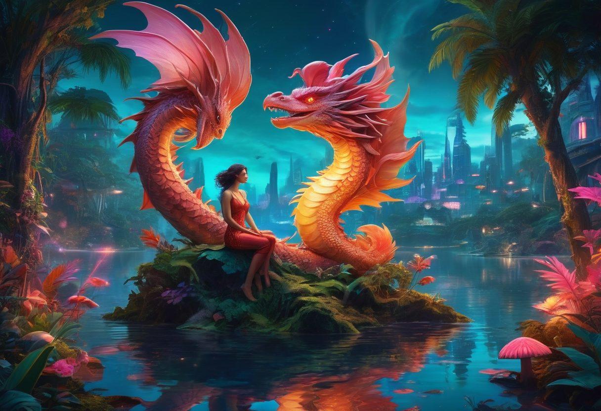 A captivating collage of vibrant adult animations featuring whimsical, colorful characters in fantastical settings, such as a fiery dragon embracing a mermaid by a shimmering lagoon, and a magical city filled with oversized mushrooms and neon lights. The scene should evoke a sense of adventure, allure, and fantasy, with a playful blend of styles that include exaggerated, cartoon-like features and enchanting backgrounds. The overall mood should be vibrant and enticing. super-realistic. vibrant colors. cyberpunk.